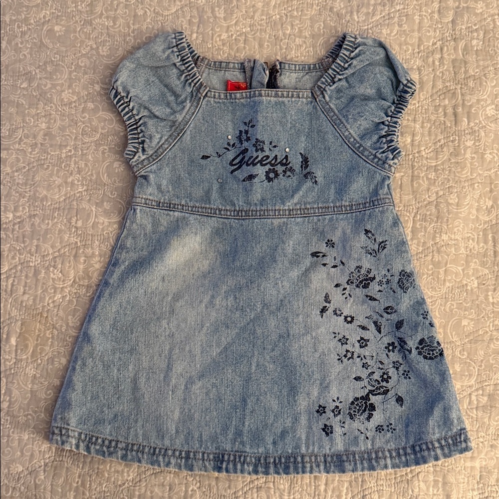 24M Baby Guess Blue Denim Dress Vintage with Black Floral Pattern